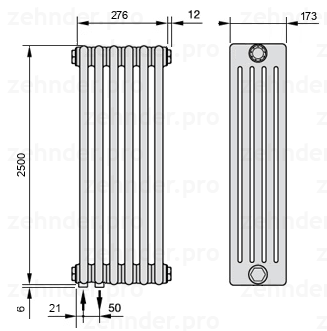 Схема (чертеж) Радиатор Zehnder Charleston 5250/6 №3370 Белый глянцевый RAL 9016